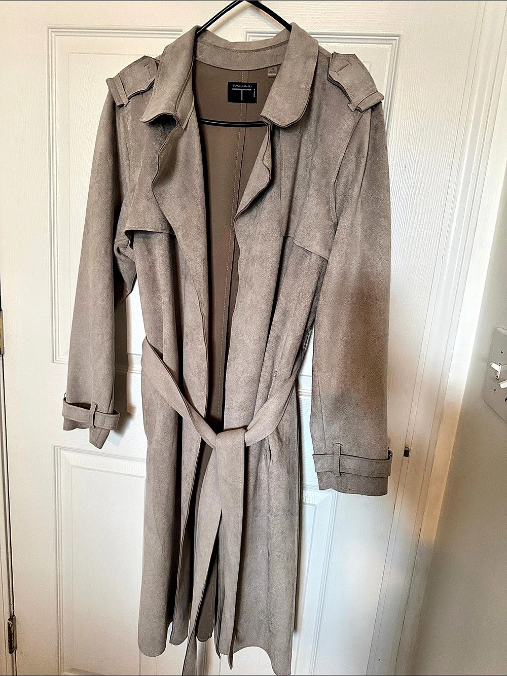 Tahari Faux Suede Trench Coat Brown 1X